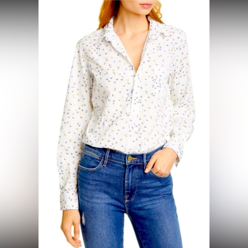 Frank & Eileen Barry button up cotton navy yellow butterfly print casual fall S